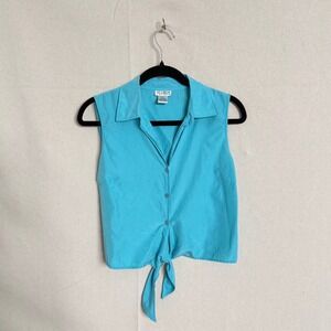 Allison Taylor Womens Silk Cotton Sleeveless Tie Front Top Turquoise Blue Medium